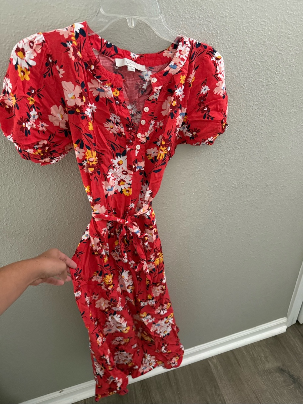 LOFT Bright Red Floral Button-Front Midi with Tie Waist